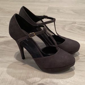 Dark Grey High Heels - Velvet & Mesh T-Strap Heels